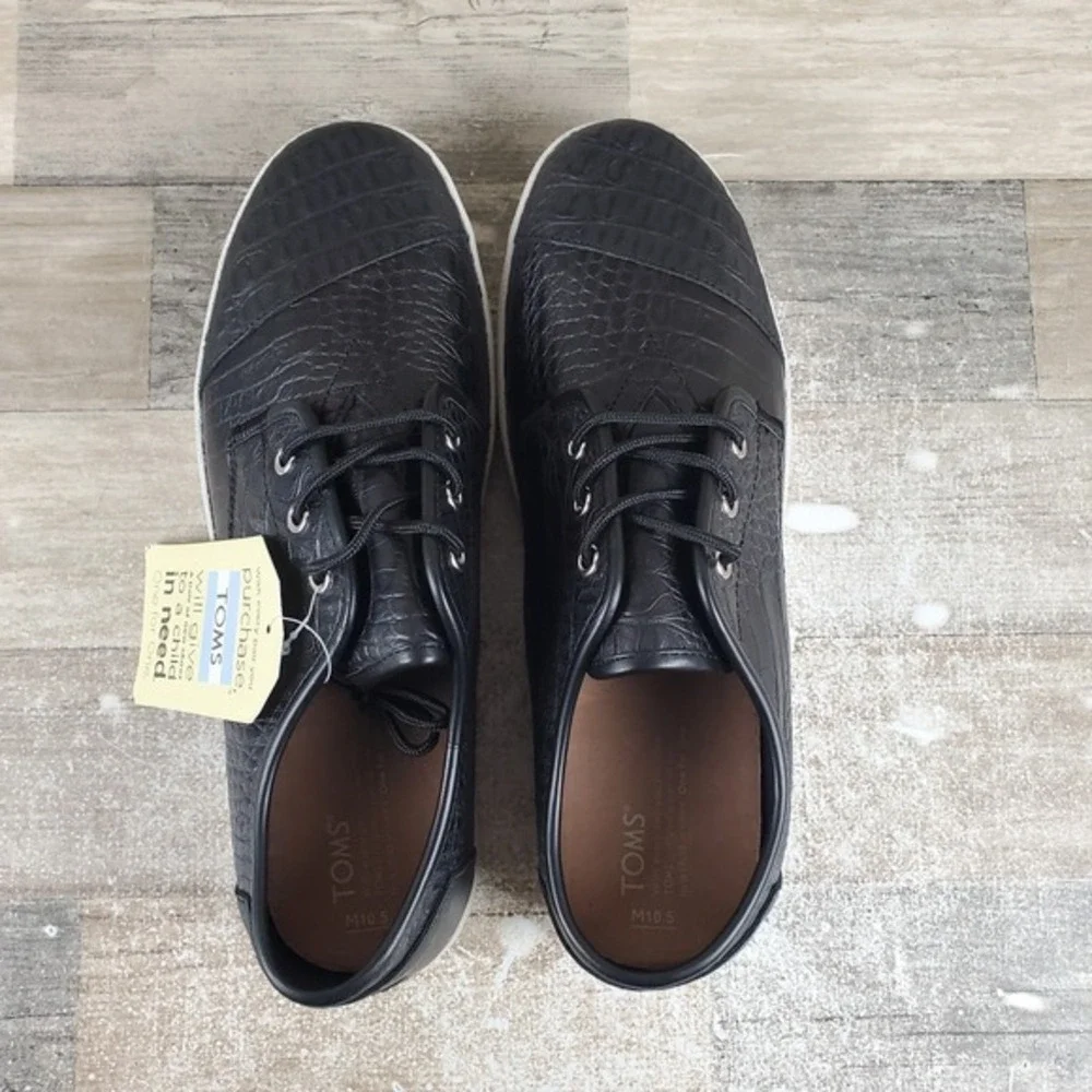 Toms Paseo Mens Casual Shoes Sz 10.5 Black Croc Embossed Leather Lace-Up Sneaker